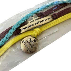 Multi-strand Purple, Blue, Yellow, Silver Tone Charm Motivational Bracelet New